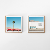 A side-by-side gallery wall display of John Trif's 'Red' and 'White' photography prints. Minimalist Palm Springs architectural art set.