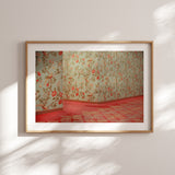 A framed Studio Edition print of 'Hotel Okura – The South Wing' hanging in a colorful, modern eclectic hallway, highlighting the vibrant teal and pink tones.