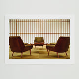 A close-up detail of the Hotel Okura lobby print on premium satin paper, showing the rich grain of the 35mm film and the fine textures of the upholstery.