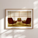 The 'Hotel Okura – The Lobby' print displayed in a contemporary living room, highlighting the warm timber tones and Japanese architectural symmetry.